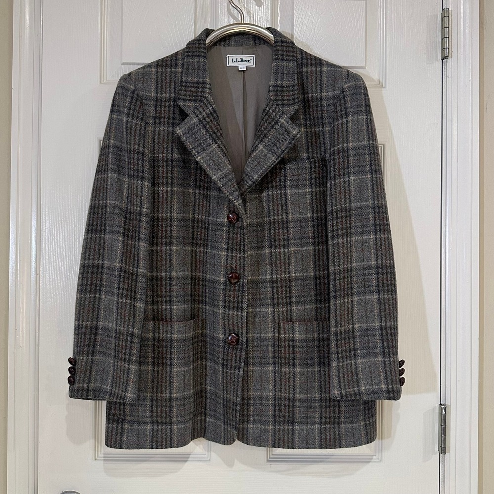 LL Bean Womens Gray Plaid Wool Blend Blazer Jacket 12P Petite Academic Classic
